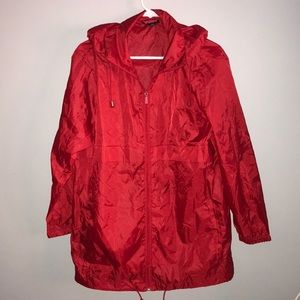 Red oversized rain coat.